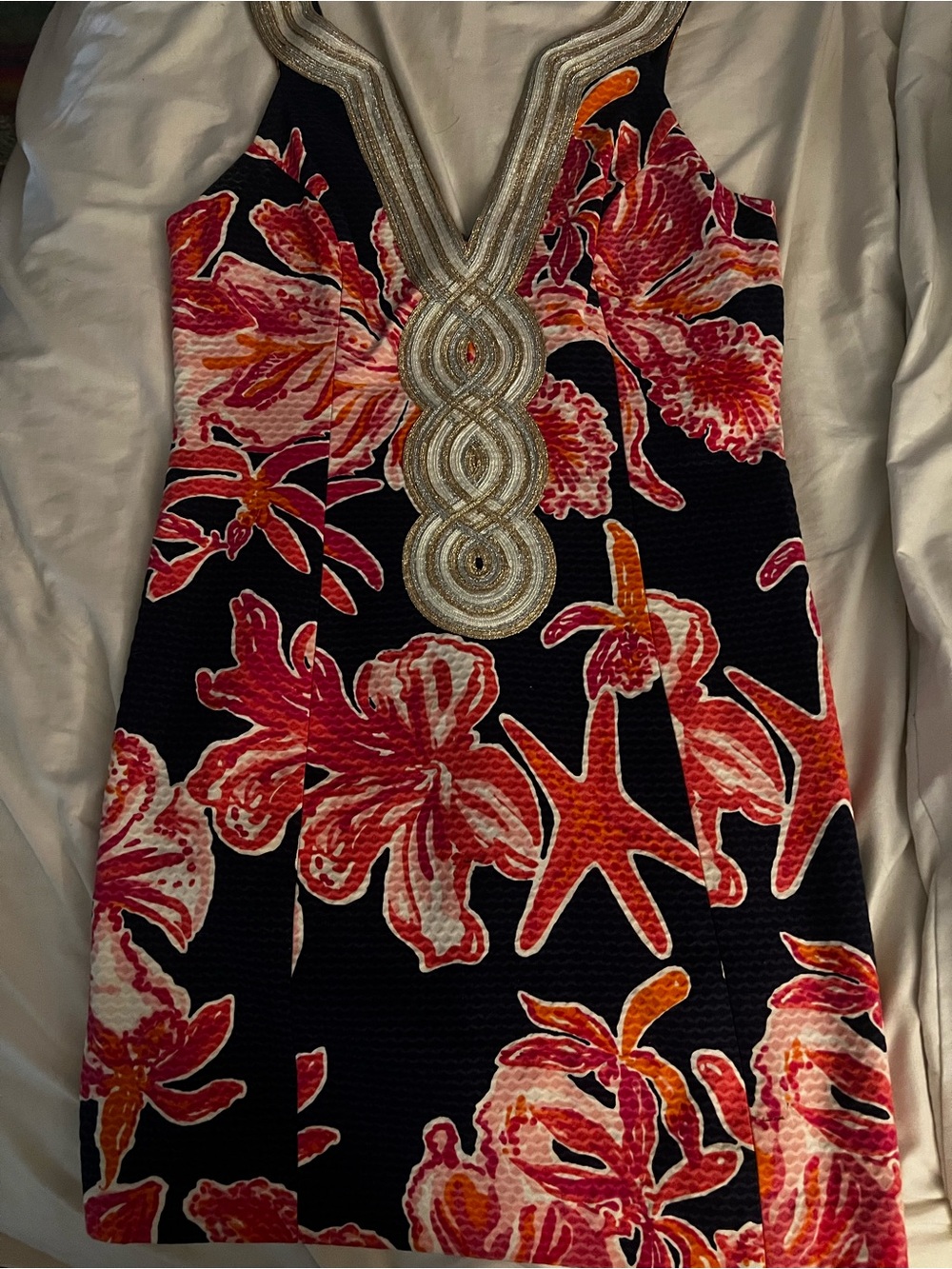 Lilly Pulitzer Black Dress with Pink, Red, and Orange Floral Print